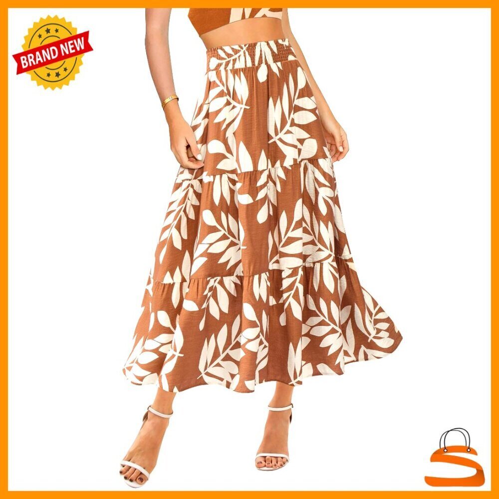 Floral Print A-Line Maxi Skirt with Pockets, Elastic High Waist, Viscose Blend - Picture 1 of 7